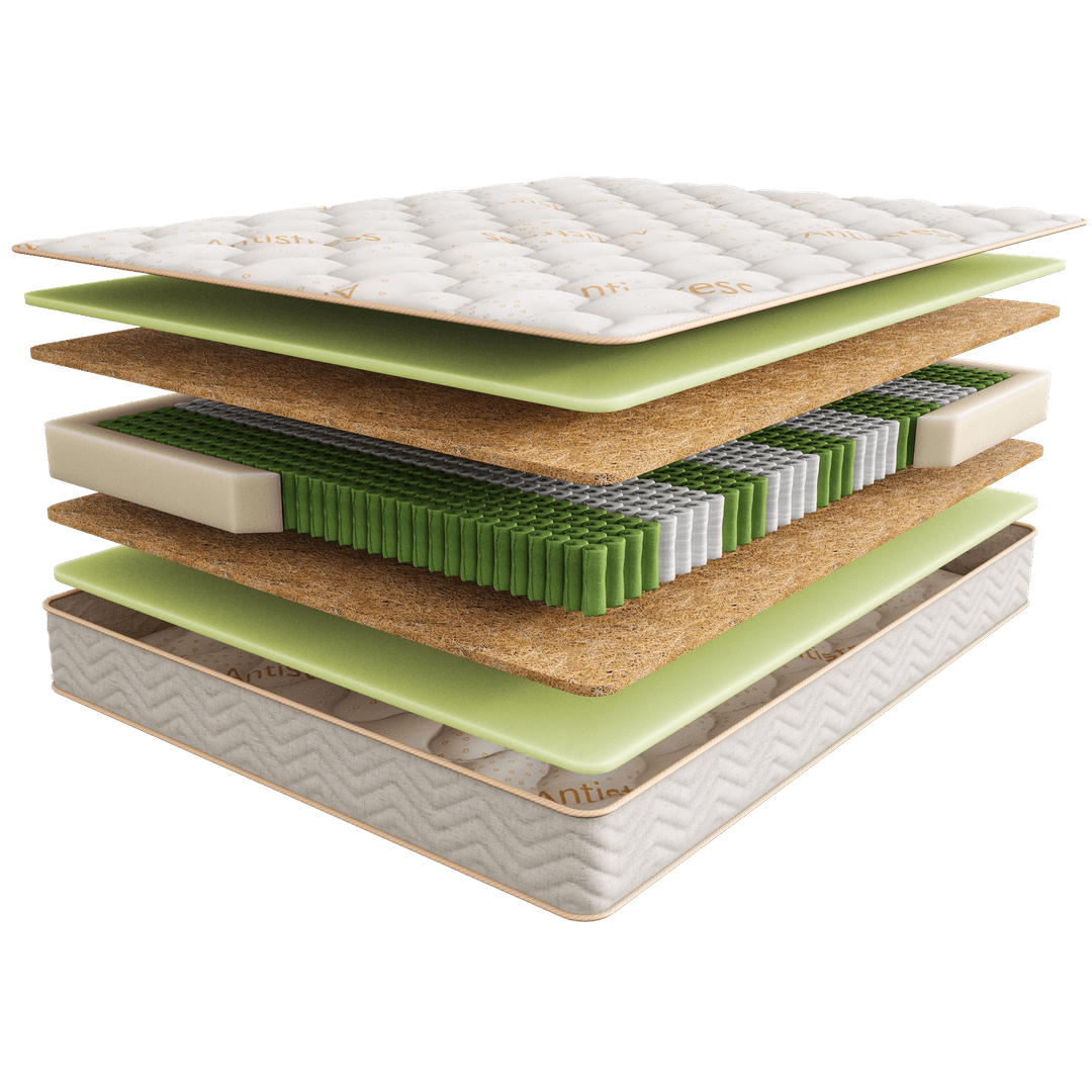 Матрас SleepTonic Sansara средней жесткости на основе 9-зонального пружинного блока, обеспечивающего поддержку наиболее тяжелых областей тела спящего.